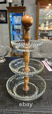 Very Very Rare Imperial Glass Candlewick 3 Tier Tidbit Tray. Wooden Handle