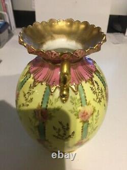 Very rare Royal Crown Derby Vase c1900 in Yellow, Turquoise Gold & Pink