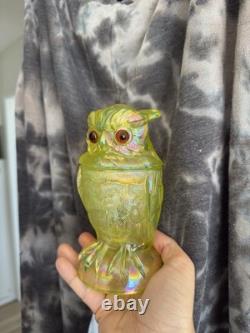 Very rare Summit / Imperial Glass Candy Jar Owl Vaseline Uranium Iridescent Mint