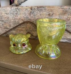 Very rare Summit / Imperial Glass Candy Jar Owl Vaseline Uranium Iridescent Mint