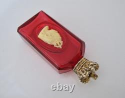 Very rare Victorian commemorative silver-mounted cranberry glass scent bottle