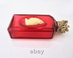 Very rare Victorian commemorative silver-mounted cranberry glass scent bottle