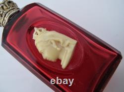 Very rare Victorian commemorative silver-mounted cranberry glass scent bottle