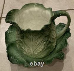 Vintage Paris Royal Green Cabbage Leaf Pitcher with Bowl Very Rare Set