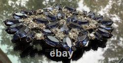 Vintage very rare Brooch Sapphire Color Marquis Rhinestone Navy Royal Blue Silve