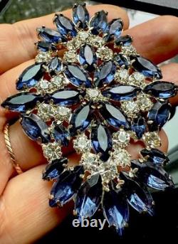 Vintage very rare Brooch Sapphire Color Marquis Rhinestone Navy Royal Blue Silve