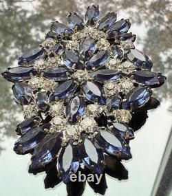 Vintage very rare Brooch Sapphire Color Marquis Rhinestone Navy Royal Blue Silve